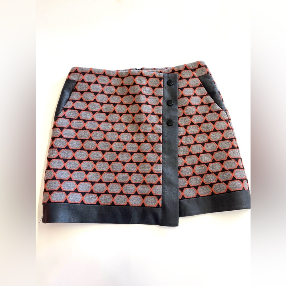 Karen Millen Mini Wool Faux Leather Geometric Orange Grey Black Skirt size 4